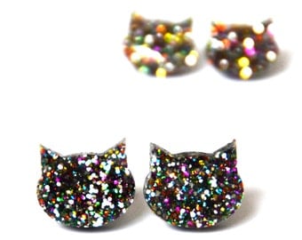 Cat Earrings · Rainbow Glitter Cat Earrings · Glitter Cat Earring · 2 sizes