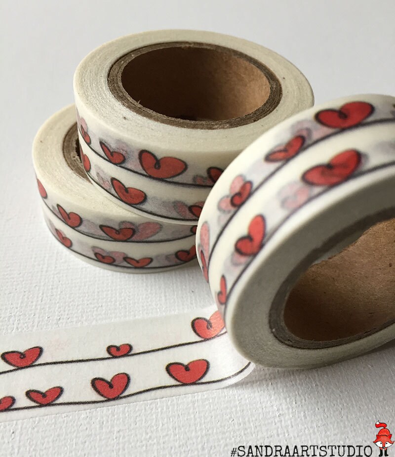 Washi tape with hearts doodles, red hearts, doodles washi, hearts washi, love, printed paper
