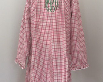 SALE Girl's Personalized Christmas nightgown, girls monogrammed Christmas night gown, toddler monogram pajamas, Christmas plaid red plaid