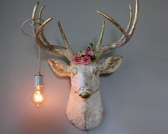 Faux Taxidermy Deer Head Wall Mount Sconce Light Stag Buck Antlers White Rustic Modern Trophy Animal Decor Antler Art Sculpture Holiday Gift