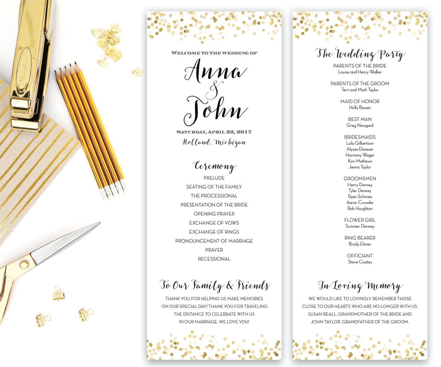 Printable Wedding Program Gold Confetti Wedding Program Gold