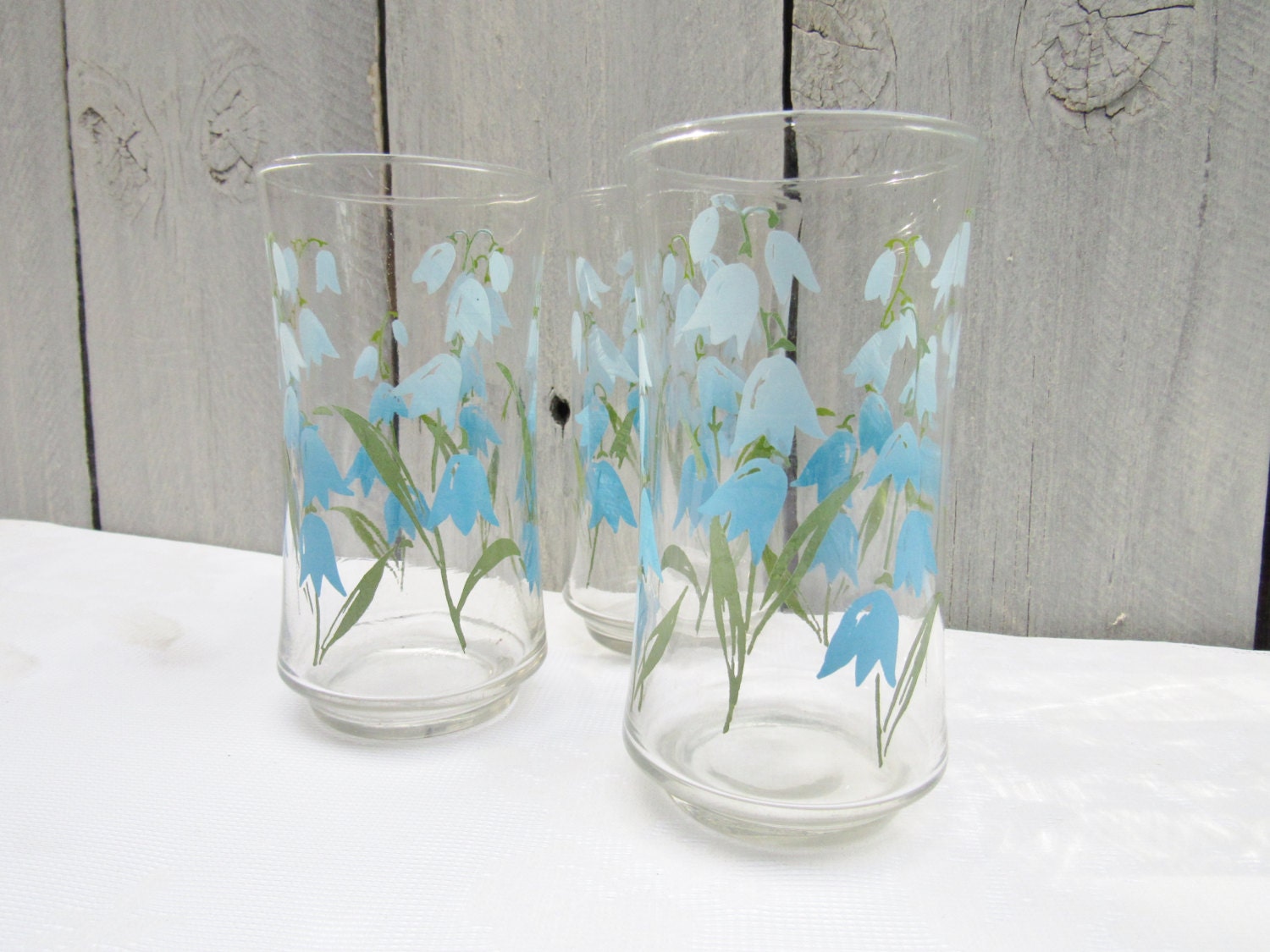 Vintage Bluebell Glasses Blue flower drinking glasses trio
