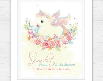 Birth Announcement Art - Nursery Decor - Bedroom Art - Unicorn Bedroom Decor - Newborn Print - Personalized Art!