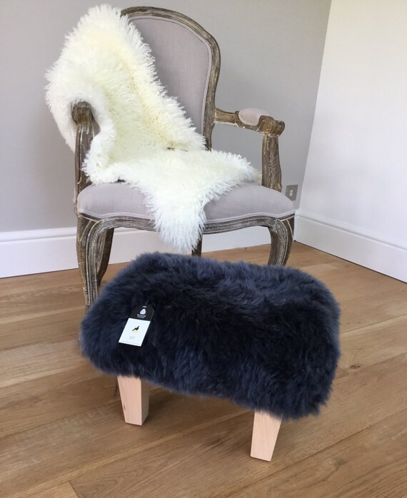 Sheepskin footstool navy blue dark blue