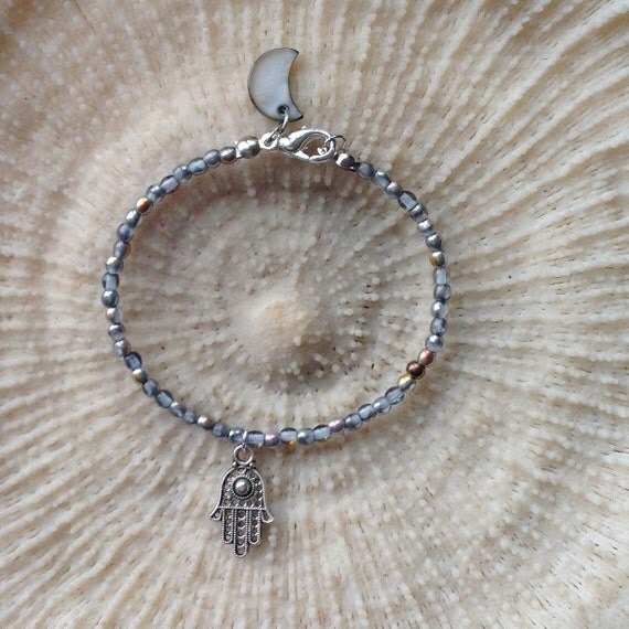 Hamsa charm bracelet Dark gray anthracite beaded bracelet