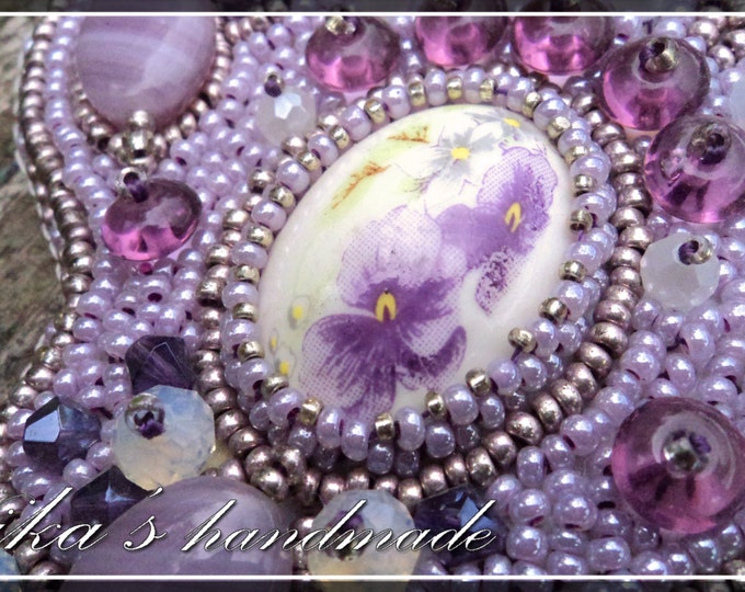 Pendant in the shape of the iris flower, embroidered with Czech beads, crystals and natural stones, ready to ship