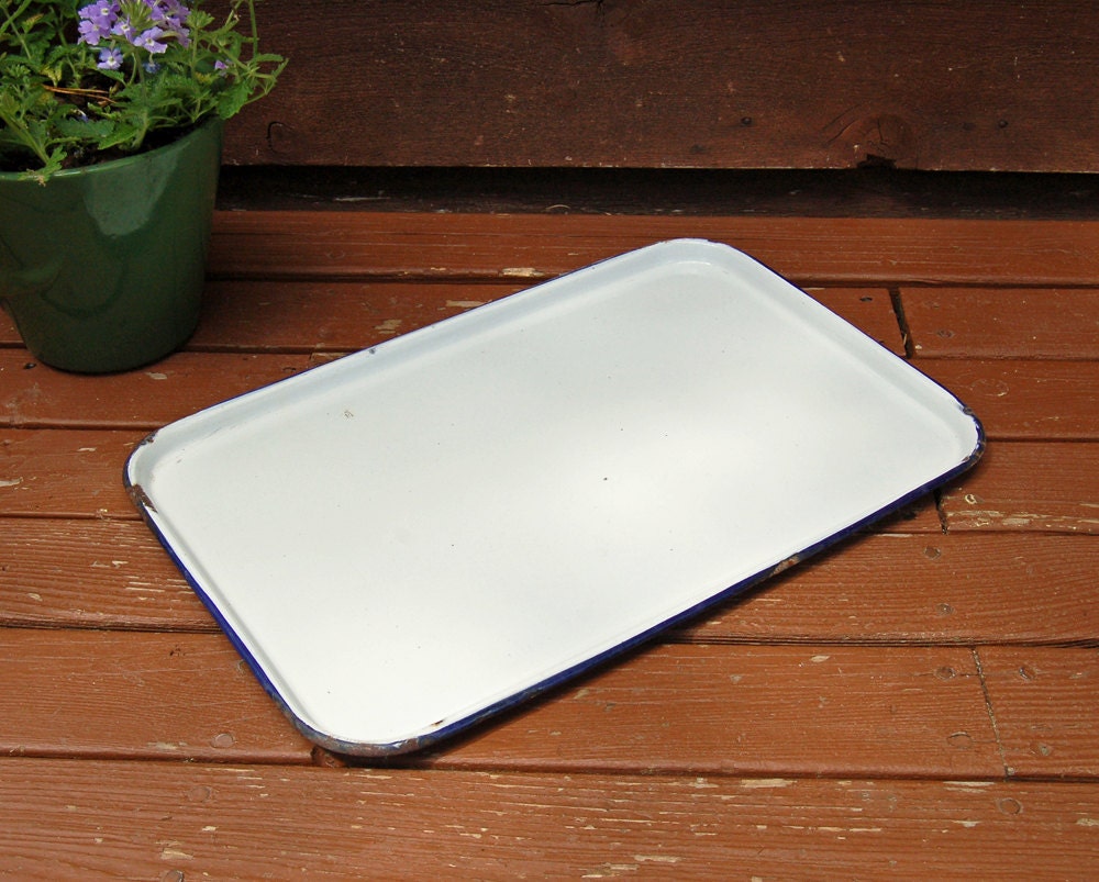 Large Enamel Tray Enamelware Tray Blue & White Marbled Tray