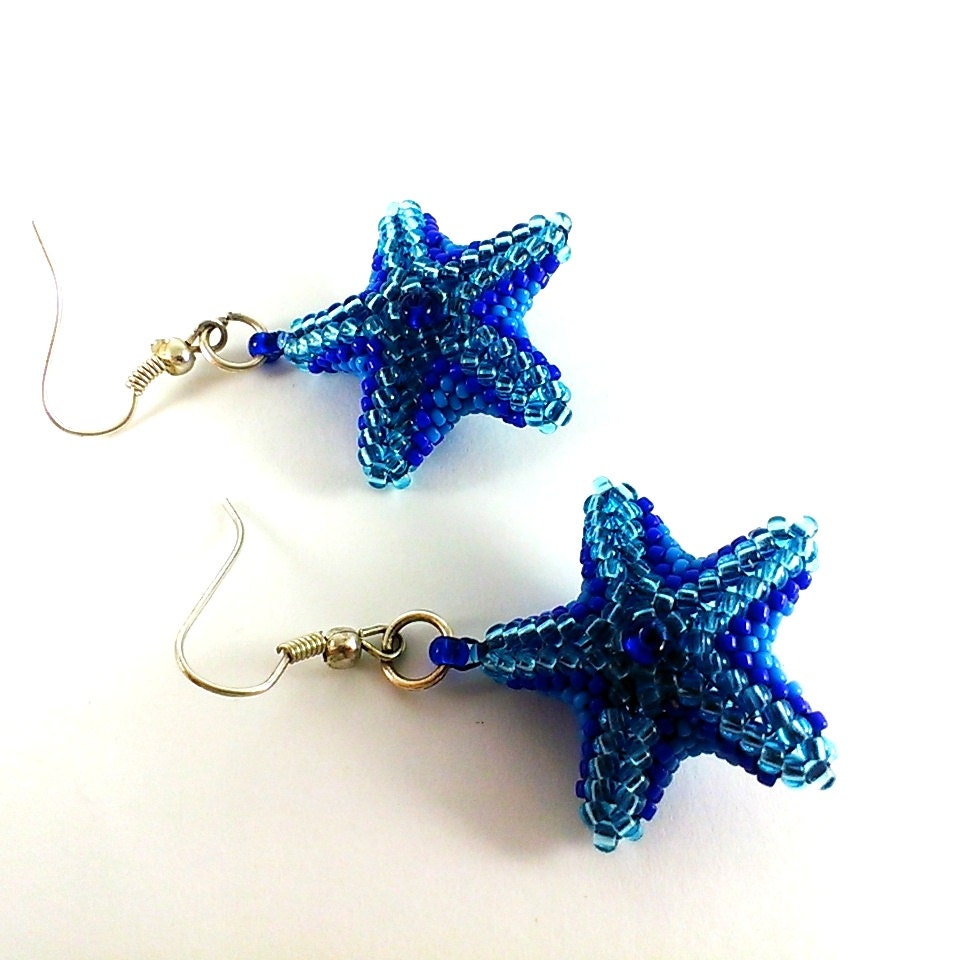 Blue star earrings Beads earrings Seed bead earring Blue star