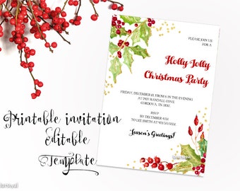 Printable Christmas party invitation TEMPLATE, Christmas editable template, editable template for word, holly and berries invite -WDI029
