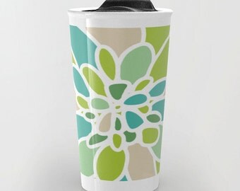 Green Dahlia Flower Travel Mug - Coffee Mug - Green Tan Blue Flower Petals Design Travel Mug - Aldari Home