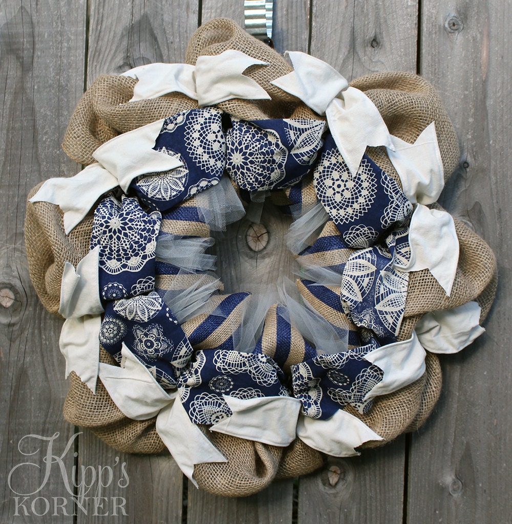 Blue Farmhouse Chic Burlap Wreath Navy Blue Wreath Spring 