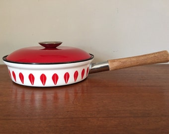 Mid Century Cathrineholm Norway Real Red Lotus 8.5" Frying Pan with Lid