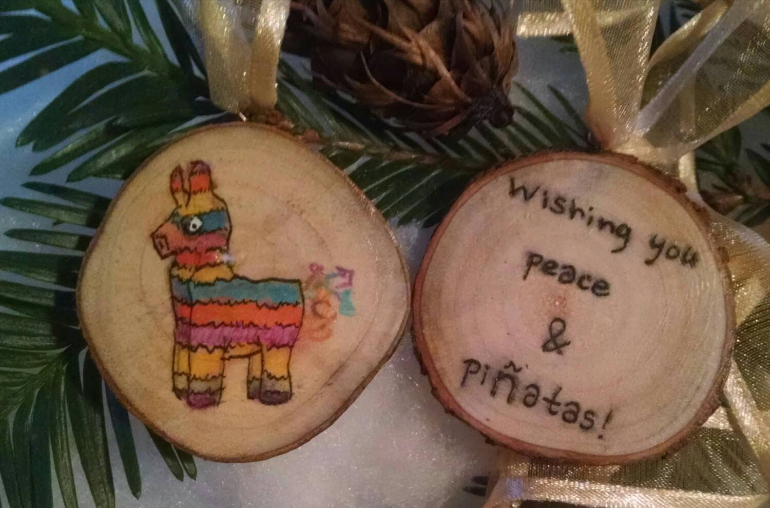 Pinata ornament, Peace ornament, Christmas ornament, Feliz Navidad, wood ornament