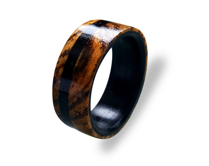 Wooden ring for men made from bocote wood, inlaid with ebony wood