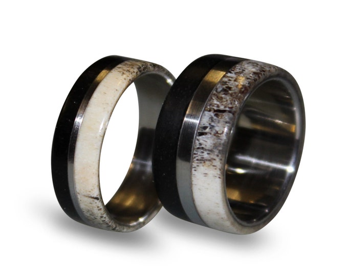 Titanium Ring Set, Titanium Wedding Band Set, Deer Antler, Antler Ring, Wooden, Wood Ring, Wedding Ring, Wedding Rings