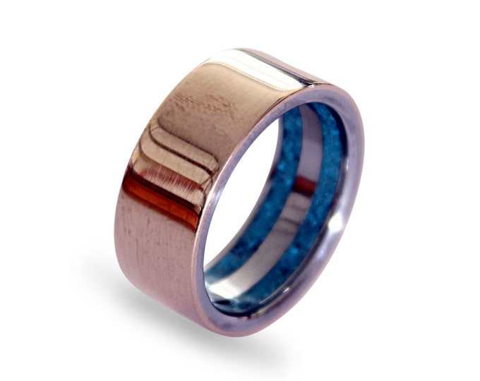 Titanium mens ring with bronze and inlaid with turquoise in the inlside