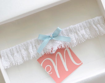 Wedding garter, something blue bridal garter, toss garter, lace garter, single garter, white and light blue garter, pearl garter