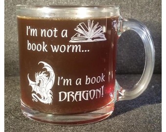 Bookworm Coffee Mug, Book Dragon coffee mug, Glass Coffee Mug, Custom Coffee Mug, Personalized Coffee Mug, Book Lover Mug, Unique Coffee Mug