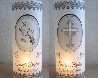 12 Personalized Christening, Baptism Centerpiece Table Decoration Luminaries, Angel Cherub Cross