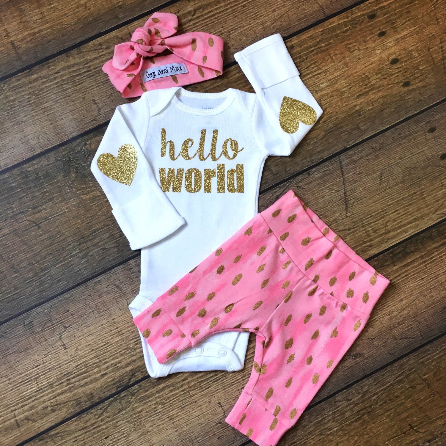 newborn baby coming home outfit Pink and Gold Theme hello