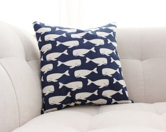 Whale Pillow Cover // Nautical Whale Bedding // Whale Decor // Linen 16" x 16"