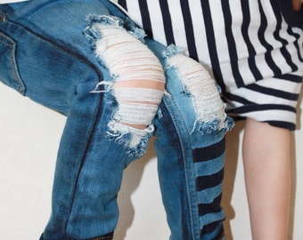 Hype the Stripes Jeans- unisex- color block- distressed denim
