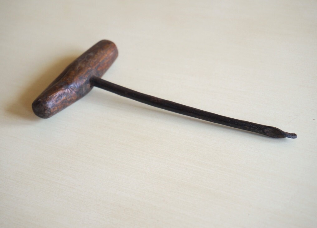 Ancient gimlet hole tool, Italian used rusty iron and wood tool, hand