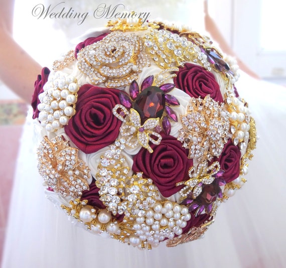 cherry color gold jeweled with crystals and pearls, wedding bouquet
