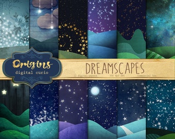 Dreamscapes digital paper backgrounds, fantasy night sky scrapbook paper, landscapes, starry night sky papers, moon, stars dream backgrounds
