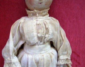Antique 12" Tall Wooden Peg Doll from the 1800s with Antique Dress and Apron Outfit