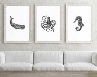 Set of 3 Large Printable Art, 24x36 Prints, Ocean Decor, Whale Art, Octopus Art, Seahorse Art, Black and White Prints, Set of 3 Wall Arts
