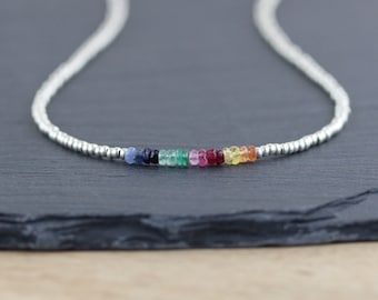Blue and Yellow Sapphire, Ruby, Emerald and Miyuki Seed Bead Necklace. Ombre Gemstone Necklace. Dainty Layering Necklace. Delicate Necklace