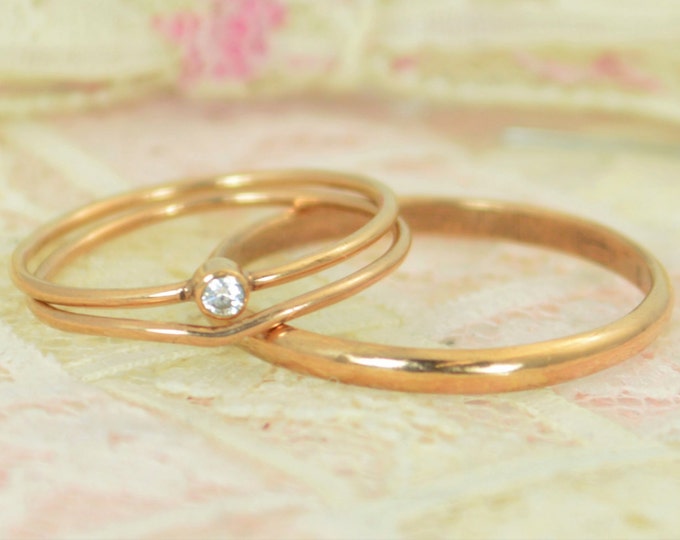 Tiny Diamond Ring Set, Solid 14k Rose Gold Wedding Set, Diamond Stacking Ring, Gold Diamond Ring, April Birthstone, Bridal Set, Diamond
