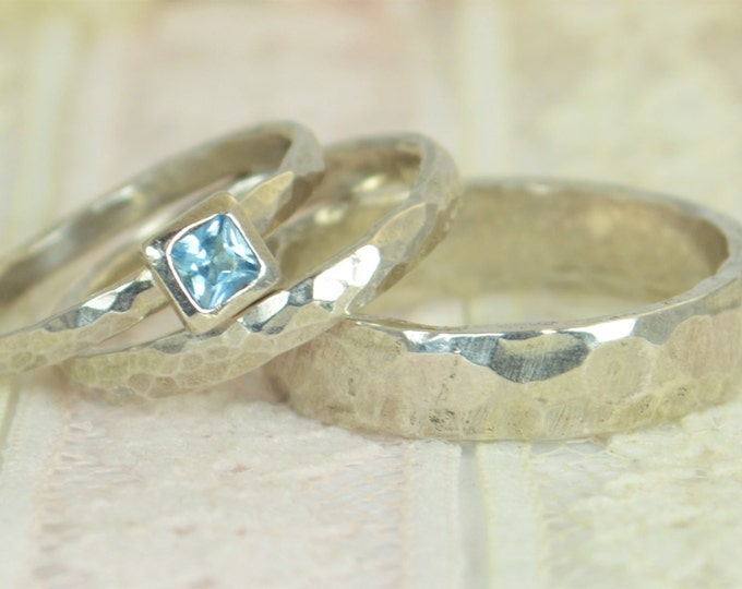 Square Aquamarine Engagement Ring, 14k White Gold, Aquamarine Wedding Ring Set, Rustic Wedding Ring Set, March Birthstone, Solid Gold