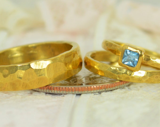 Square Aquamarine Engagement Ring, Gold Filled, Aquamarine Wedding Ring Set, Rustic Wedding Ring Set, March Birthstone, 14k Gold Filled