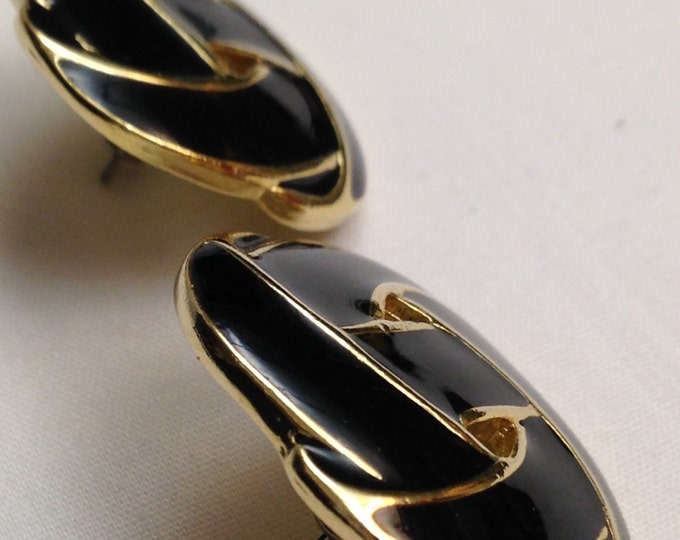 Storewide 25% Off SALE Vintage Gold Tone Black Enamel Knotted Designer Pierced Earrings Featuring Interconnected Design