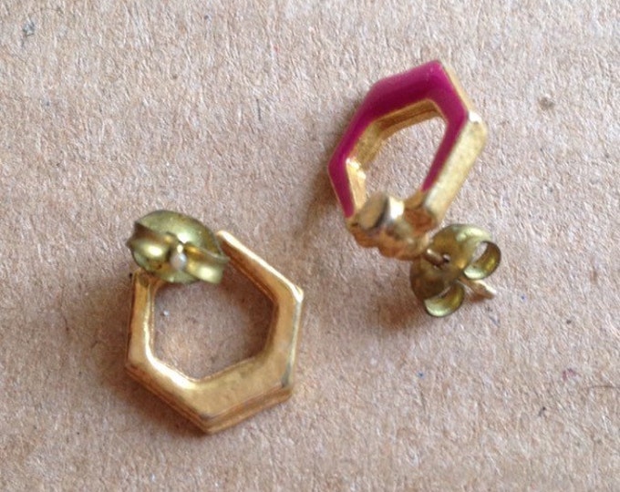 Storewide 25% Off SALE Vintage Gold Tone Pink Enamel Geometric Designer Pierced Earrings Featuring Petite Style Design