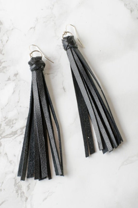 Authentic Leather Tassel Earrings in Black by ChelseaDenJewelry