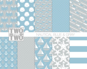 Beach Digital Paper: "NAUTICAL BLUE & GRAY" with Anchor, Dolphin, Sailboat, and Crab Patterns for Ocean Background, Printable Art or Decor