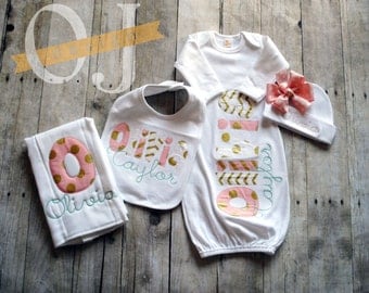 Personalized Baby Girl Gown Gold Pink and Mint - Complete Newborn Gift Set - Infant Gown - Newborn Hat - Bib - Burp Cloth - Baby Shower