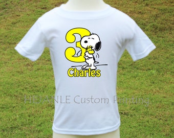 Snoopy with big number Birthday Personalized Printed Tshirt / Onesie - Snoopy and Woodstock Party Shirt - Baby's Cartoon Toddler Printed Top