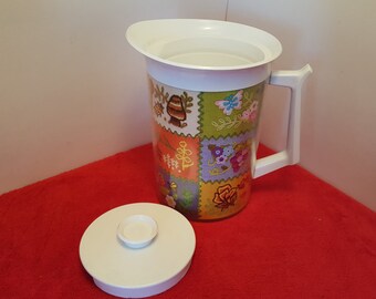 Vintage thermo serv insulated pitcher, 1 1/2 quart pitcher, embroidered, quilted themed, mushroom, butterflies, bees and flowered pitcher