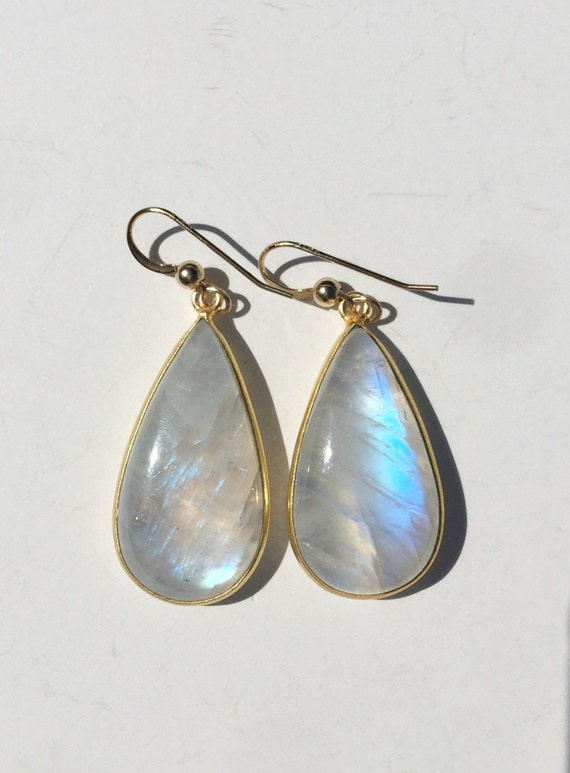 Gold Teardrop Moonstone Earrings Pear Shape Stones Holiday