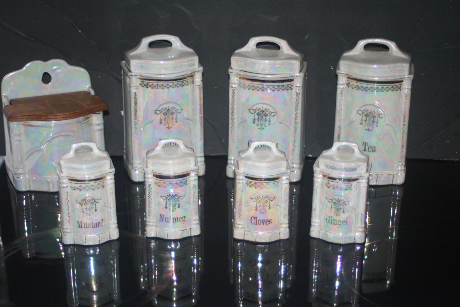 Vintage German Canister Set Pearl Lusterware Set Salt Box