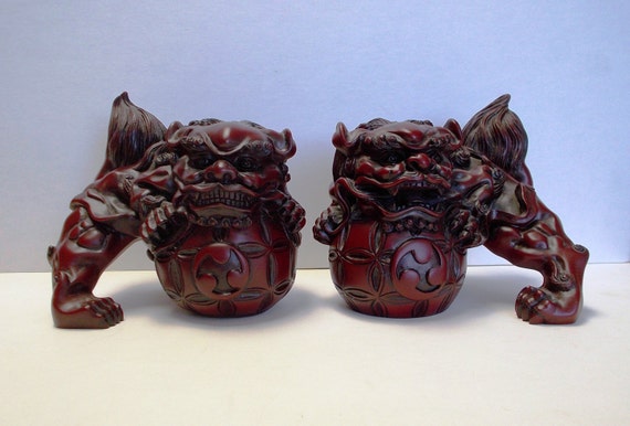 Chinese Foo Dogs Carved Red Resin Statues