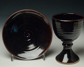simple clay chalice and paten set, communionware, common cup