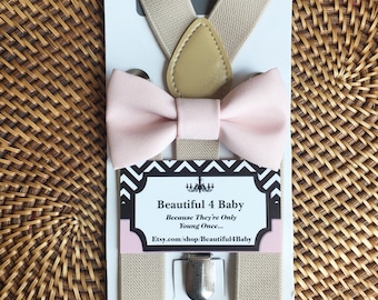 Blush Bow Tie, Blush Baby Bow Tie, Blush Toddler Bow Tie, Blush Ring Bearer Bow Tie, Blush Pink & Tan Suspender and Bowtie Set- 6 Mo to 5 yr