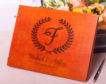 Guest book Wedding Rustic guestbook Wedding guest book Wood guestbook Laurel Leaves Custom Engraved Wedding album Rustic guest book Monogram
