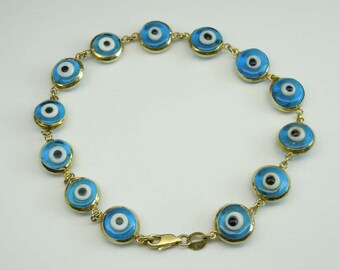 14Kt Yellow Gold Evil Eye Good Luck Charm Bracelet