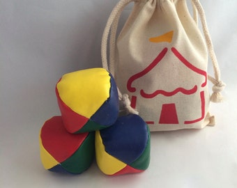 Carnival Juggling Balls in Reusable Circus Bag, Circus Party Favors, Circus Tent Muslin Drawstring Bag